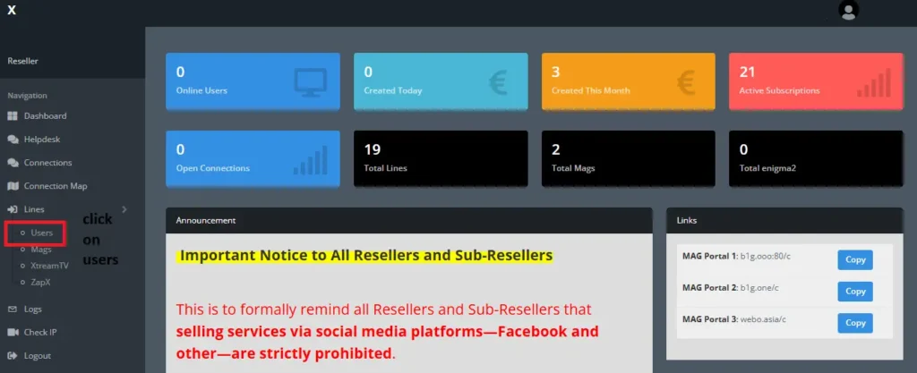 Autven IPTV reseller panel dashboard showing active lines and credit balance