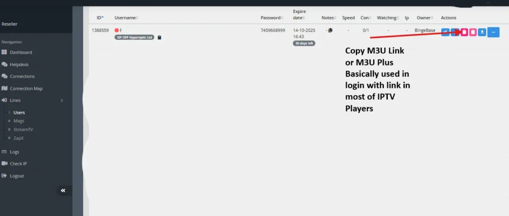 Marked Screenshot from IPTV Reseller panel indicating places where you can copy m3u link and Username and Passowrd